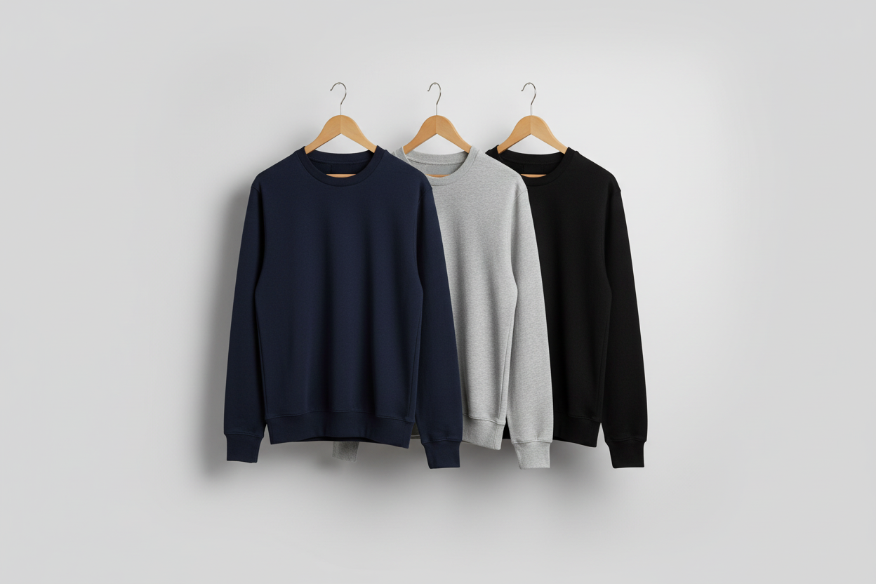 Three sweatshirts on hangers with promotional text about VayuTrends sweatshirts.